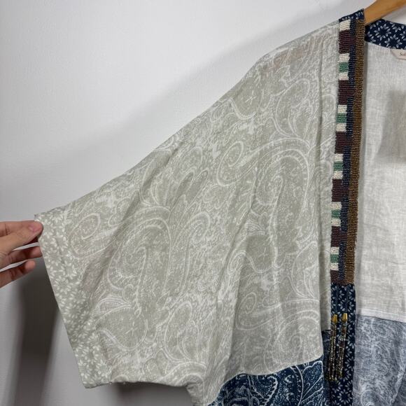 Soft Surroundings Kimono Women OS Still Water Linen Top Beaded Trim Tassel Blue - Picture 3 of 8